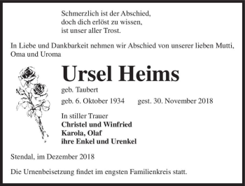 Traueranzeige von Ursel Heims (geb. Taubert)  von Magdeburger Volksstimme