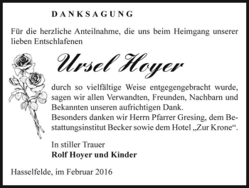 Traueranzeige von Ursel Hoyer  von Magdeburger Volksstimme