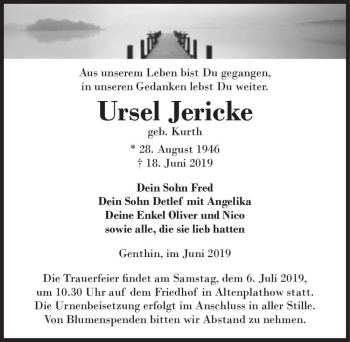Traueranzeige von Ursel Jericke (geb. Kurth)  von Magdeburger Volksstimme
