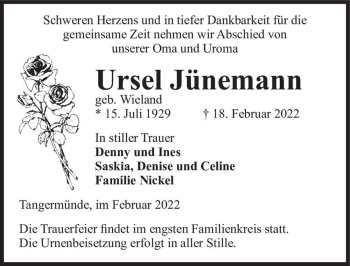 Traueranzeige von Ursel Jünemann (geb. Wieland)  von Magdeburger Volksstimme
