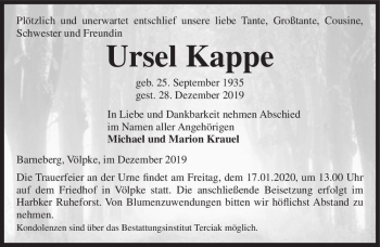 Traueranzeige von Ursel Kappe  von Magdeburger Volksstimme