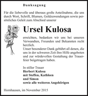 Traueranzeige von Ursel Kulosa  von Magdeburger Volksstimme