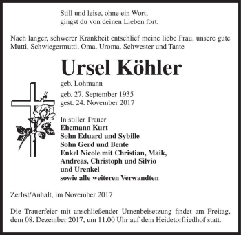 Traueranzeige von Ursel Köhler (geb. Lohmann)  von Magdeburger Volksstimme