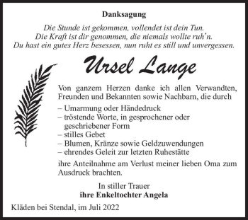 Traueranzeige von Ursel Lange  von Magdeburger Volksstimme