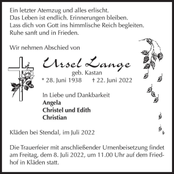 Traueranzeige von Ursel Lange (geb. Kastan)  von Magdeburger Volksstimme