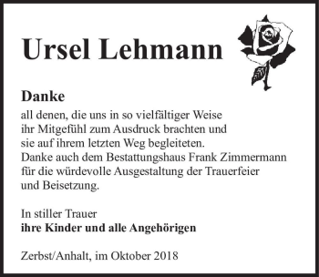 Traueranzeige von Ursel Lehmann  von Magdeburger Volksstimme