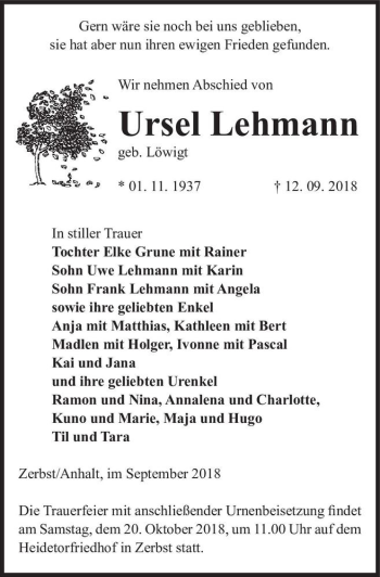 Traueranzeige von Ursel Lehmann (geb. Löwigt)  von Magdeburger Volksstimme