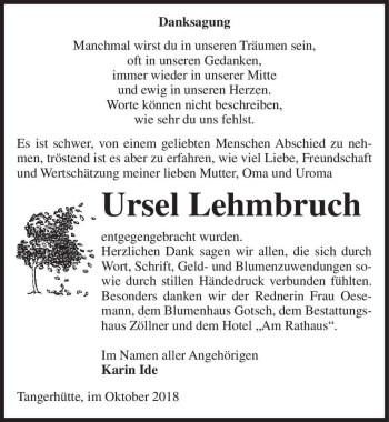 Traueranzeige von Ursel Lehmbruch  von Magdeburger Volksstimme