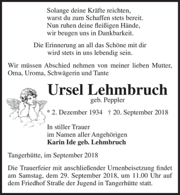Traueranzeige von Ursel Lehmbruch (geb. Peppler)  von Magdeburger Volksstimme