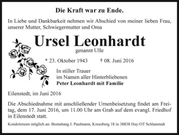 Traueranzeige von Ursel Leonhardt (genannt Ulle)  von Magdeburger Volksstimme