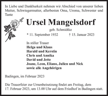 Traueranzeige von Ursel Mangelsdorf (geb. Schmidtke)  von Magdeburger Volksstimme