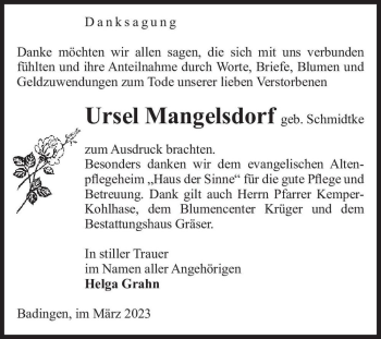 Traueranzeige von Ursel Mangelsdorf (geb. Schmidtke)  von Magdeburger Volksstimme