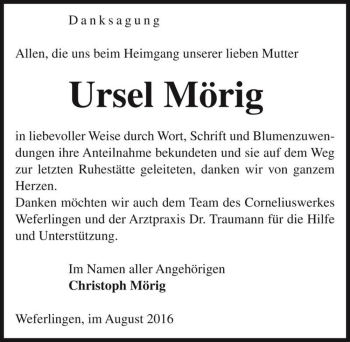 Traueranzeige von Ursel Mörig  von Magdeburger Volksstimme