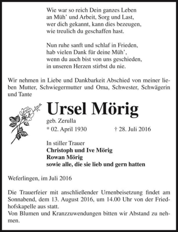 Traueranzeige von Ursel Mörig (geb. Zerulla)  von Magdeburger Volksstimme