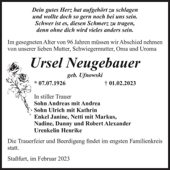 Traueranzeige von Ursel Neugebauer (geb. Ufnowski)  von Magdeburger Volksstimme