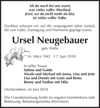 Traueranzeige von Ursel Neugebauer (geb. Welle)  von Magdeburger Volksstimme