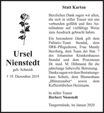 Traueranzeige von Ursel Nienstedt (geb. Schmidt)  von Magdeburger Volksstimme