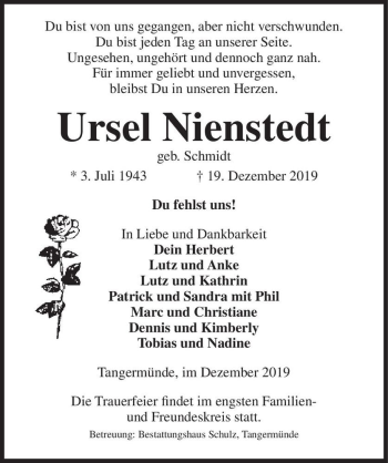 Traueranzeige von Ursel Niestedt (geb. Schmidt)  von Magdeburger Volksstimme