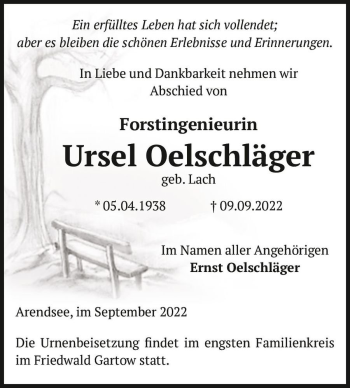 Traueranzeige von Ursel Oelschläger (geb. Lach)  von Magdeburger Volksstimme