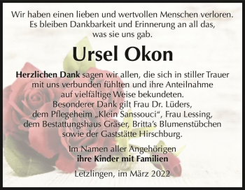 Traueranzeige von Ursel Okon  von Magdeburger Volksstimme