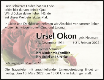 Traueranzeige von Ursel Okon (geb. Neumann)  von Magdeburger Volksstimme