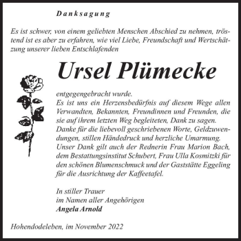 Traueranzeige von Ursel Plümecke  von Magdeburger Volksstimme