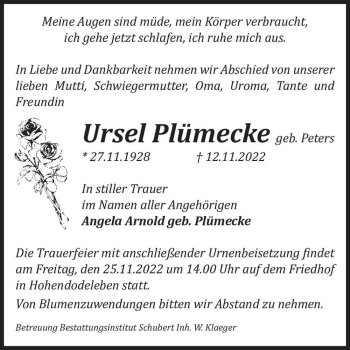 Traueranzeige von Ursel Plümecke (geb. Peters)  von Magdeburger Volksstimme