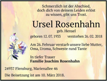 Traueranzeige von Ursel Rosenhahn (geb. Hensel)  von Magdeburger Volksstimme