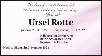 Traueranzeige von Ursel Rotte  von Magdeburger Volksstimme