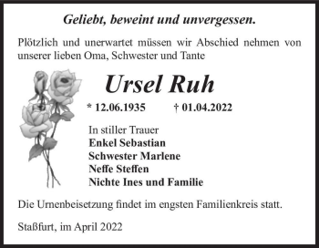 Traueranzeige von Ursel Ruh  von Magdeburger Volksstimme