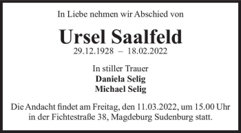Traueranzeige von Ursel Saalfeld  von Magdeburger Volksstimme