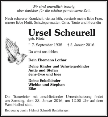 Traueranzeige von Ursel Scheurell (geb. Klietz)  von Magdeburger Volksstimme