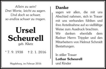 Traueranzeige von Ursel Scheurell (geb. Klietz)  von Magdeburger Volksstimme