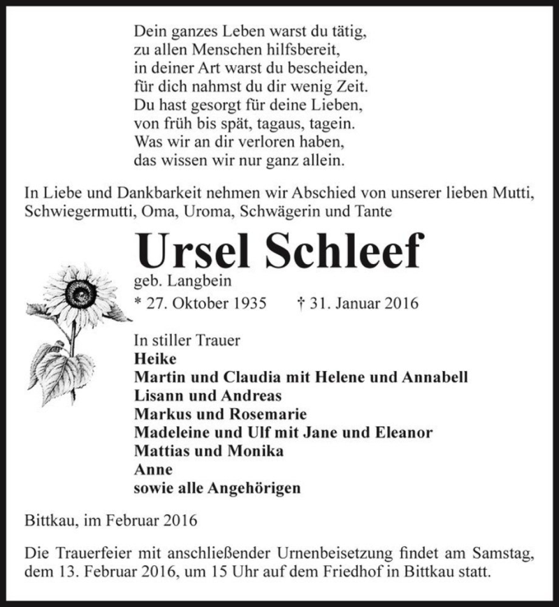  Traueranzeige für Ursel Schleef (geb. Langbein)  vom 06.02.2016 aus Magdeburger Volksstimme
