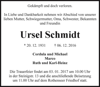 Traueranzeige von Ursel Schmidt  von Magdeburger Volksstimme