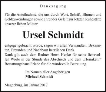 Traueranzeige von Ursel Schmidt  von Magdeburger Volksstimme