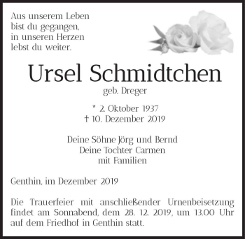 Traueranzeige von Ursel Schmidtchen (geb. Dreger)  von Magdeburger Volksstimme