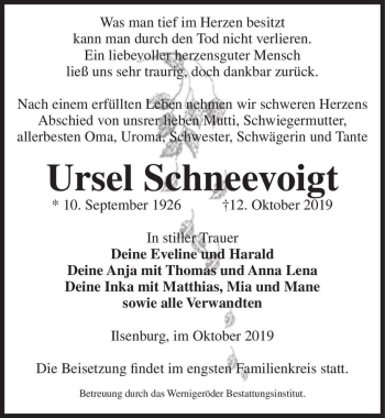 Traueranzeige von Ursel Schneevoigt  von Magdeburger Volksstimme
