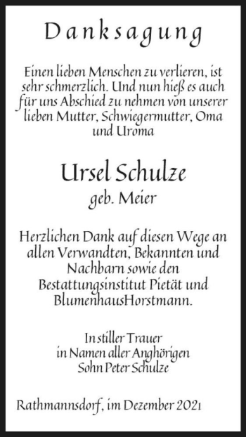 Traueranzeige von Ursel Schulze (geb. Meier)  von Magdeburger Volksstimme