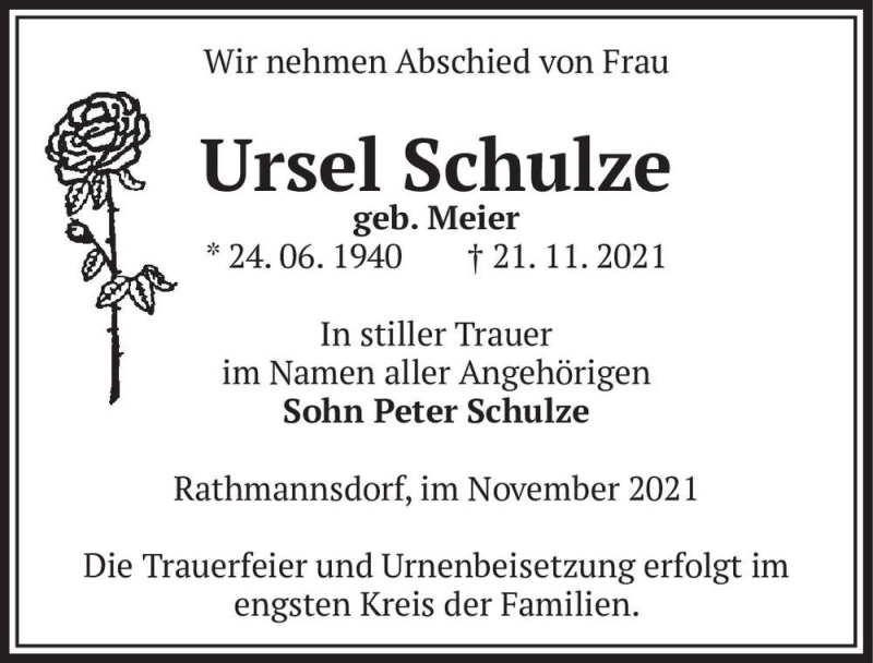  Traueranzeige für Ursel Schulze (geb. Meier)  vom 27.11.2021 aus Magdeburger Volksstimme