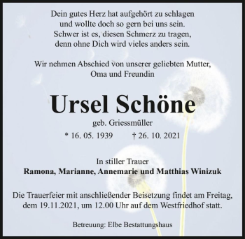 Traueranzeige von Ursel Schöne (geb. Griessmüller)  von Magdeburger Volksstimme