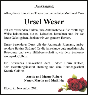 Traueranzeige von Ursel Weser  von Magdeburger Volksstimme