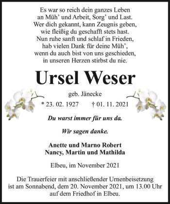 Traueranzeige von Ursel Weser (geb. Jänecke)  von Magdeburger Volksstimme