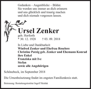 Traueranzeige von Ursel Zenker (geb. Herforth)  von Magdeburger Volksstimme