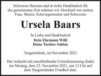Traueranzeige von Ursela Baars  von Magdeburger Volksstimme