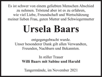 Traueranzeige von Ursela Baars  von Magdeburger Volksstimme