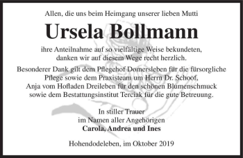 Traueranzeige von Ursela Bollmann  von Magdeburger Volksstimme