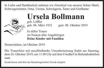 Traueranzeige von Ursela Bollmann (geb. Löffler)  von Magdeburger Volksstimme