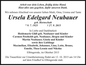 Traueranzeige von Ursela Edelgard Neubauer (geb. Hornschuh)  von Magdeburger Volksstimme