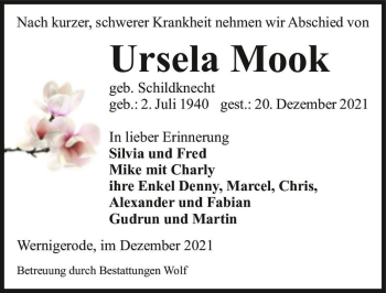 Traueranzeige von Ursela Mook (geb. Schildknecht)  von Magdeburger Volksstimme
